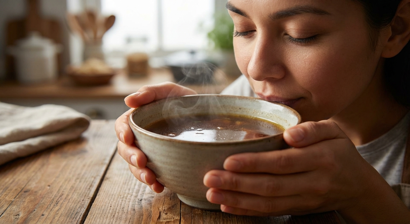 따뜻한 국물을 천천히 마시는 모습