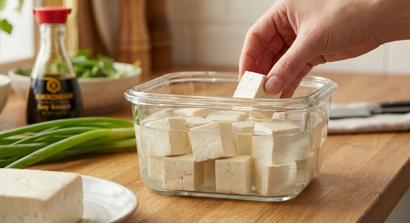 물에 담긴 두부를 밀폐용기에 보관하는 모습