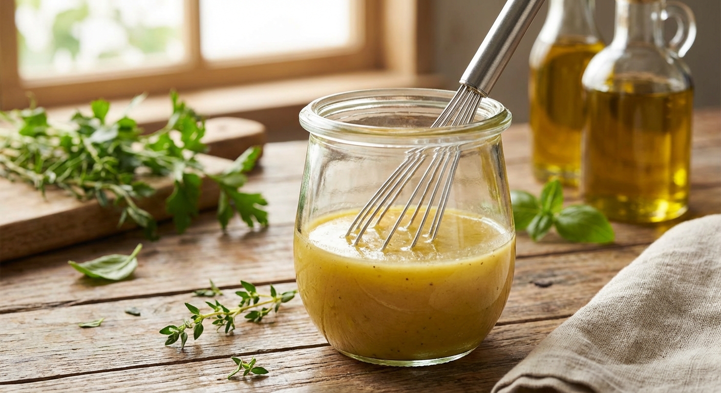 드레싱이 담긴 유리 용기와 거품기