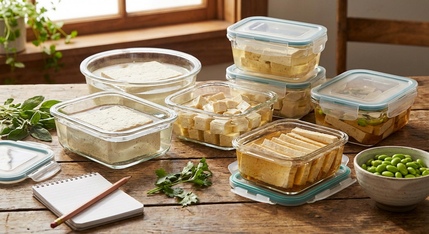 다양한 밀폐용기와 두부 보관 체크리스트
