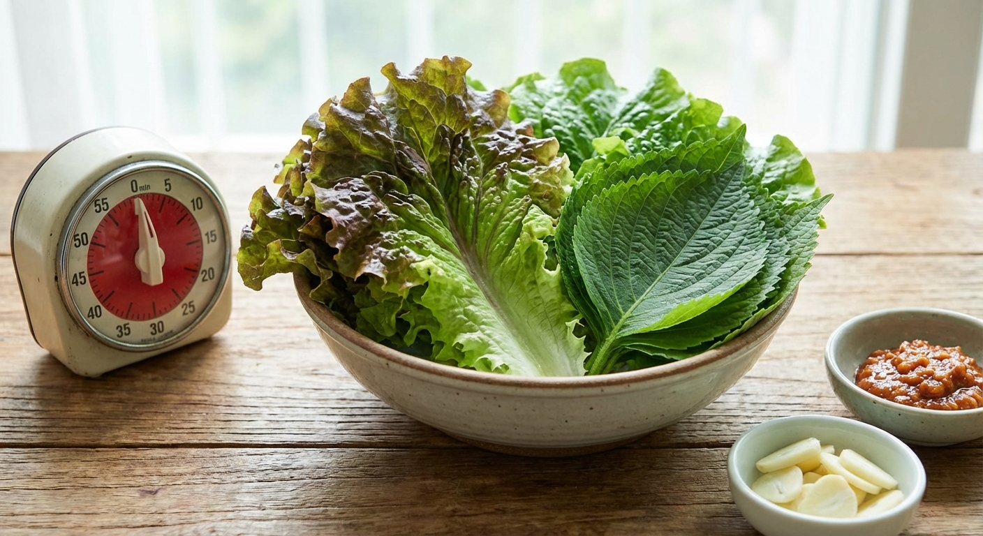 볼에 담긴 쌈 채소와 타이머