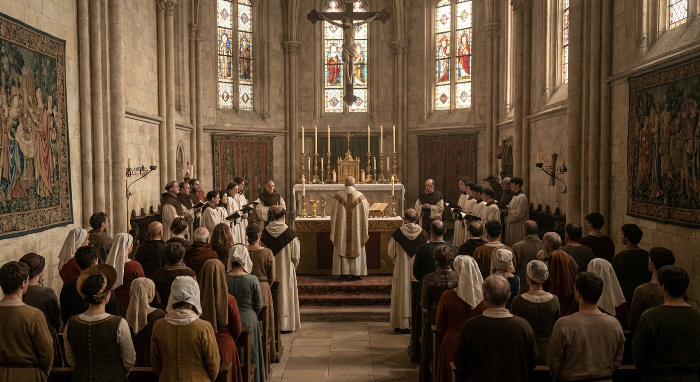 중세 유럽의 교회 미사 장면