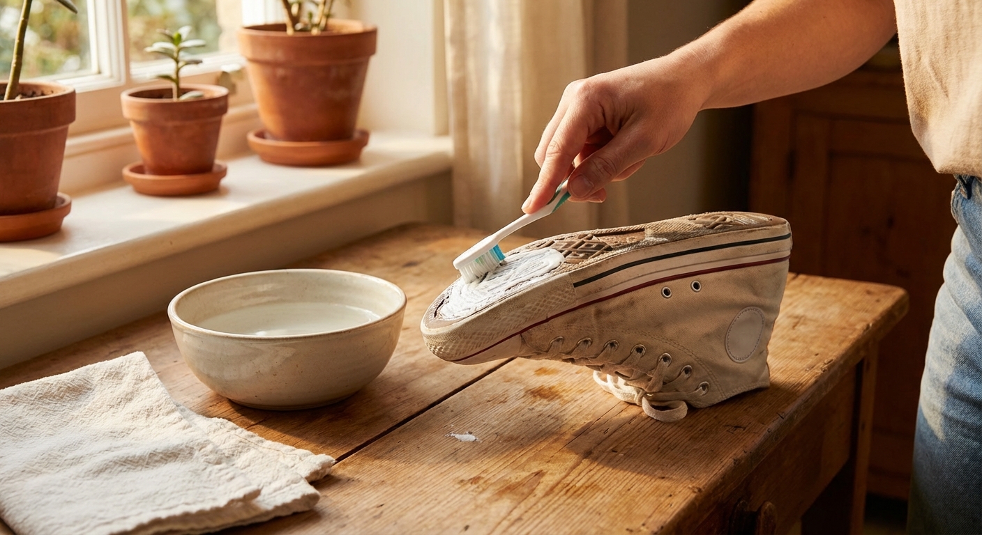 치약으로 닦고 있는 흰 운동화 고무창