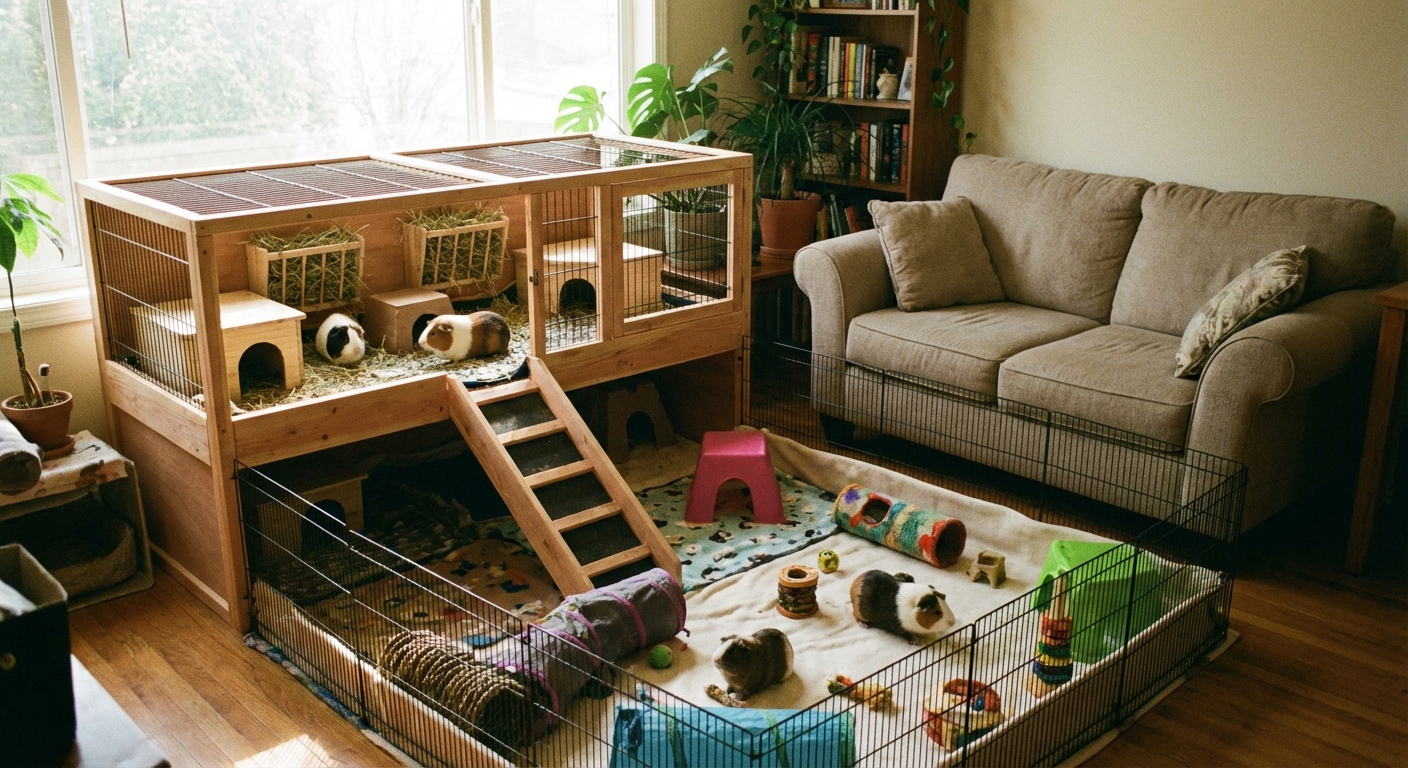 거실에 설치된 기니피그 케이지와 놀이 공간