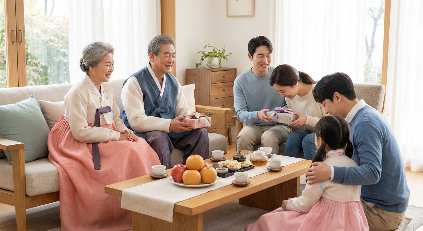 가족이 모여 명절 인사를 나누는 따뜻한 장면
