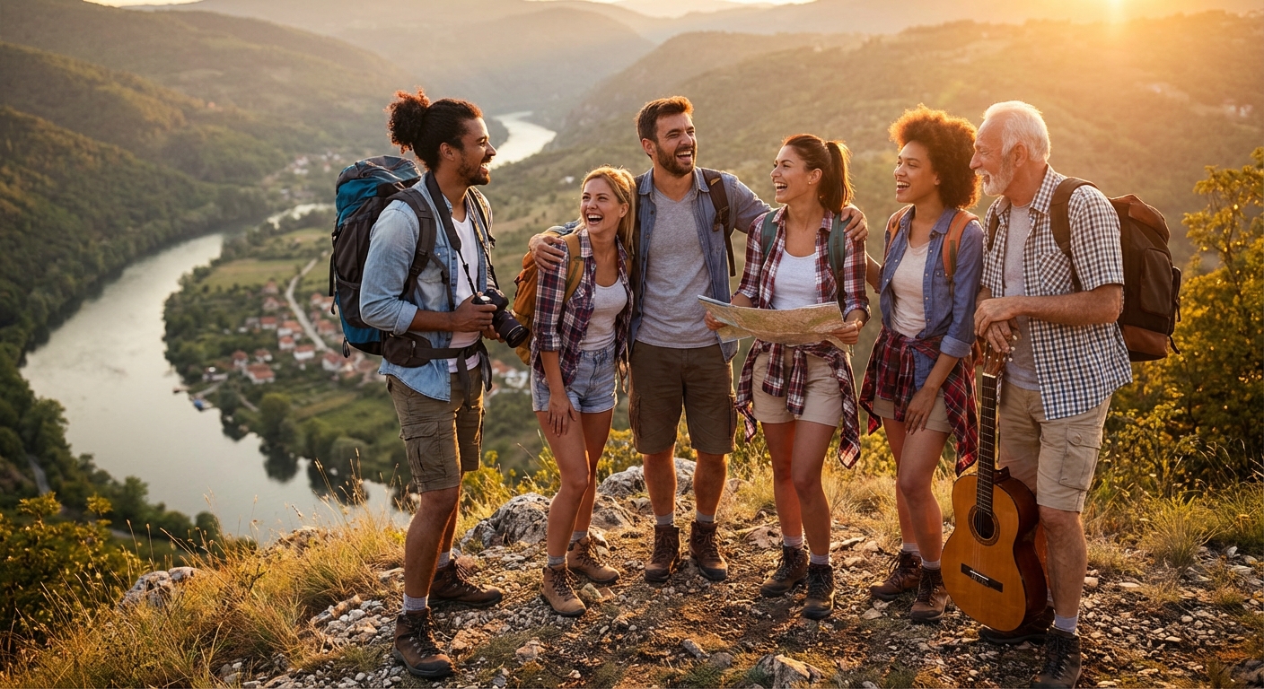 다양한 여행 스타일의 사람들이 함께 웃고 있는 모습