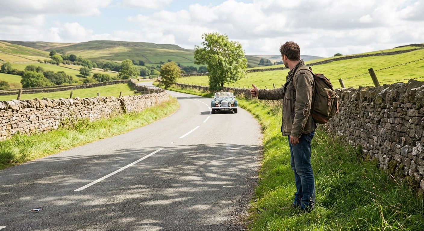 유럽 시골길에서 차를 얻어 타는 여행자