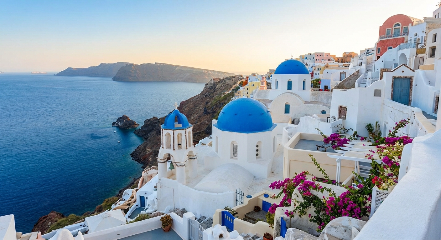 산토리니 이아 마을의 하얀 건물과 푸른 바다