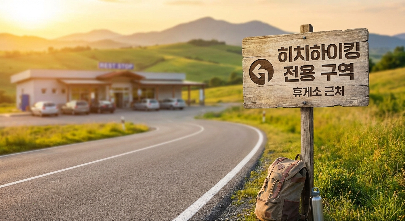 휴게소 근처 히치하이킹 전용 구역 표지판