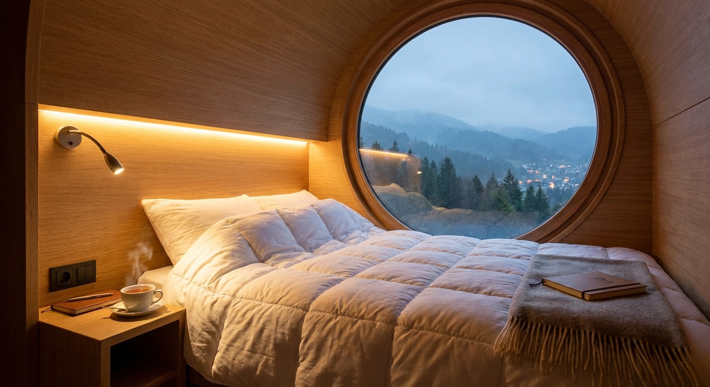 캡슐 내부의 아늑한 침대와 조명