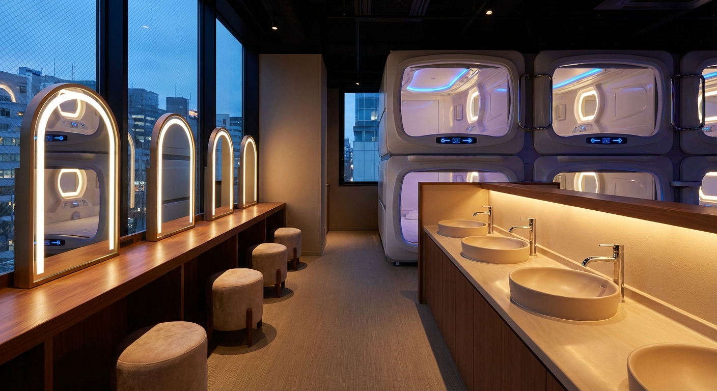 캡슐호텔 파우더룸과 세면 시설