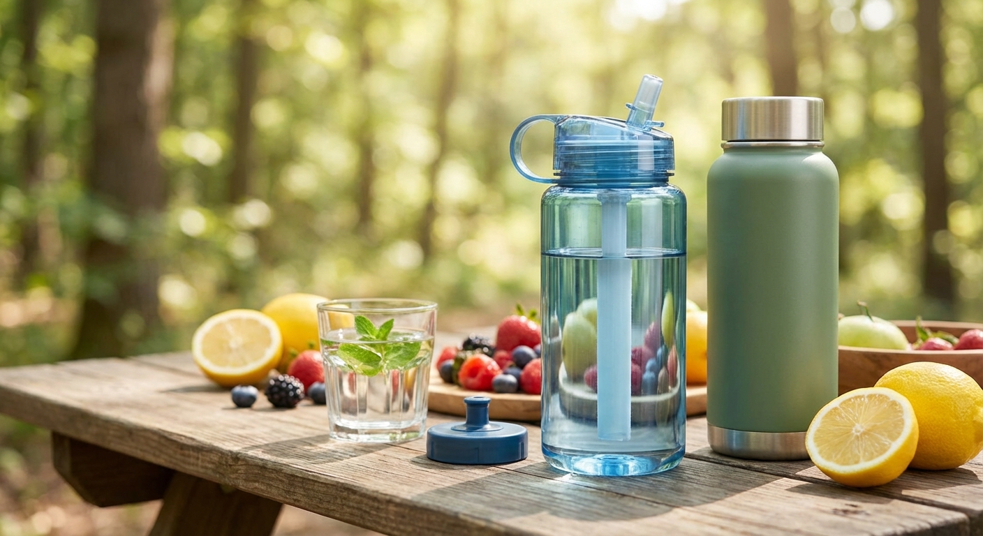 휴대용 정수 필터와 보온 물통 비교 사진