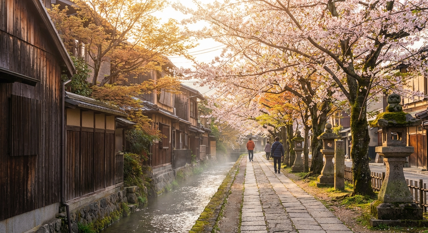 교토 철학의 길, 아침 햇살이 비치는 산책로