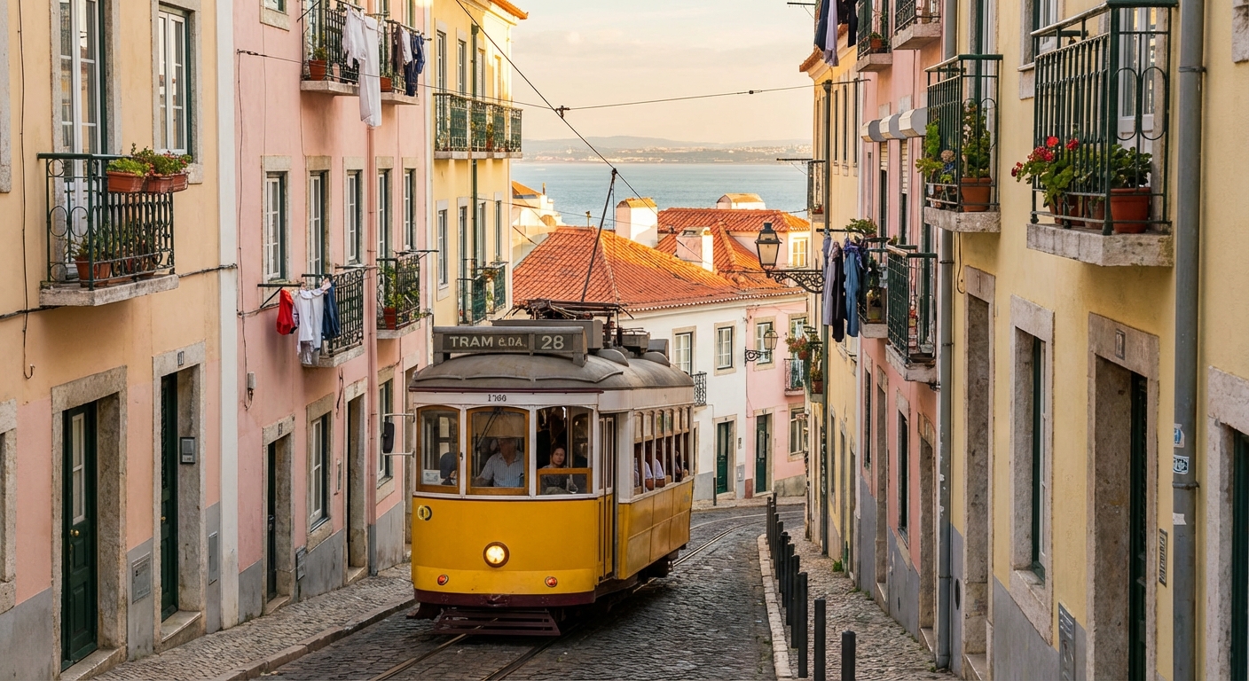 리스본 트램 28번과 알파마 지구 풍경