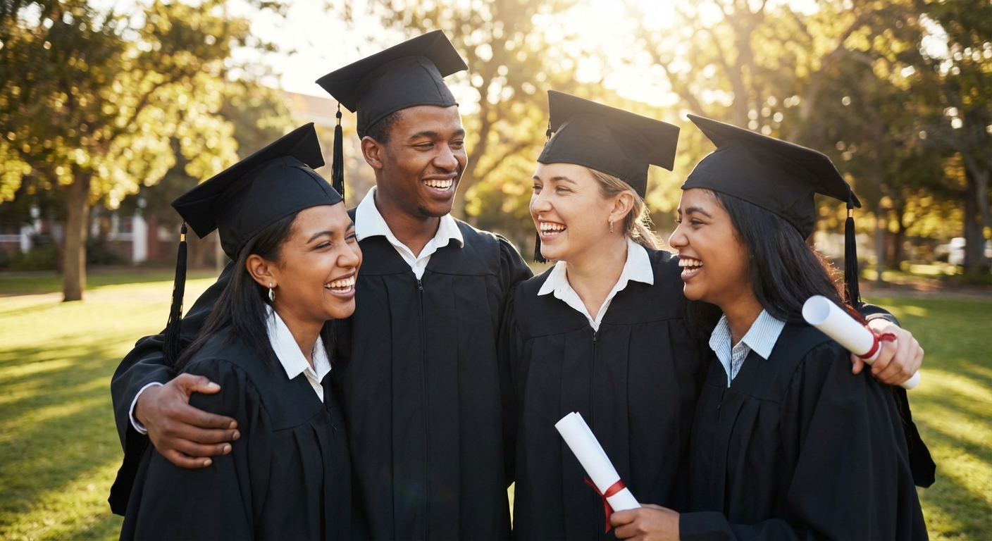 졸업 가운 입은 학생들의 웃는 모습