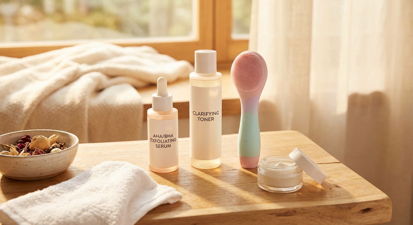 AHA/BHA 성분 제품과 실리콘 브러시