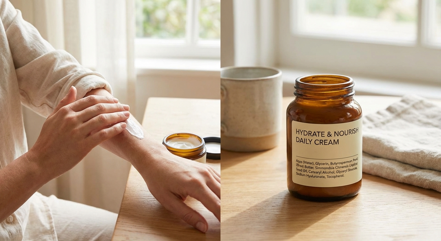 보습 크림 바르는 모습과 성분 라벨