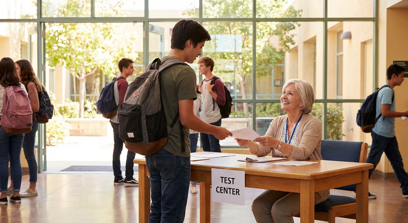 시험장 입구와 수험표 확인 장면