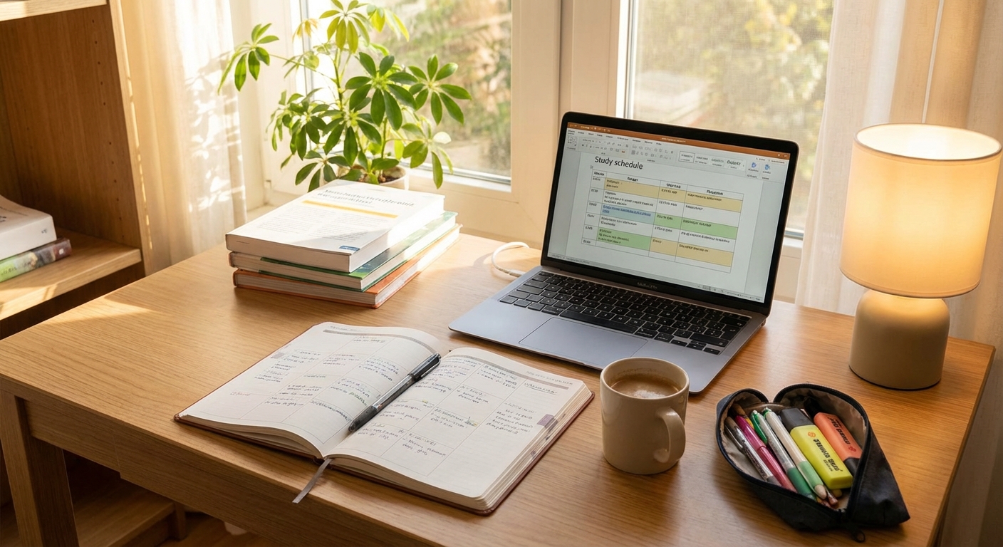 시험 준비물 정리된 책상