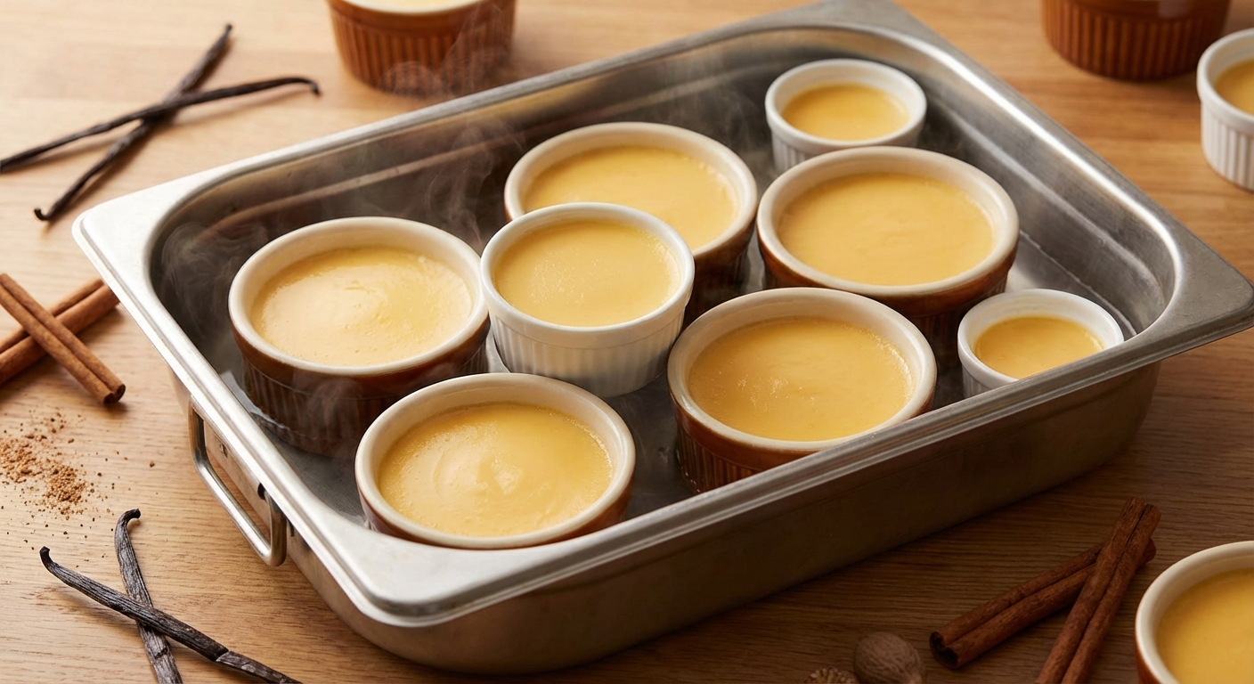 라메킨에 담긴 커스터드와 중탕 베이킹 모습