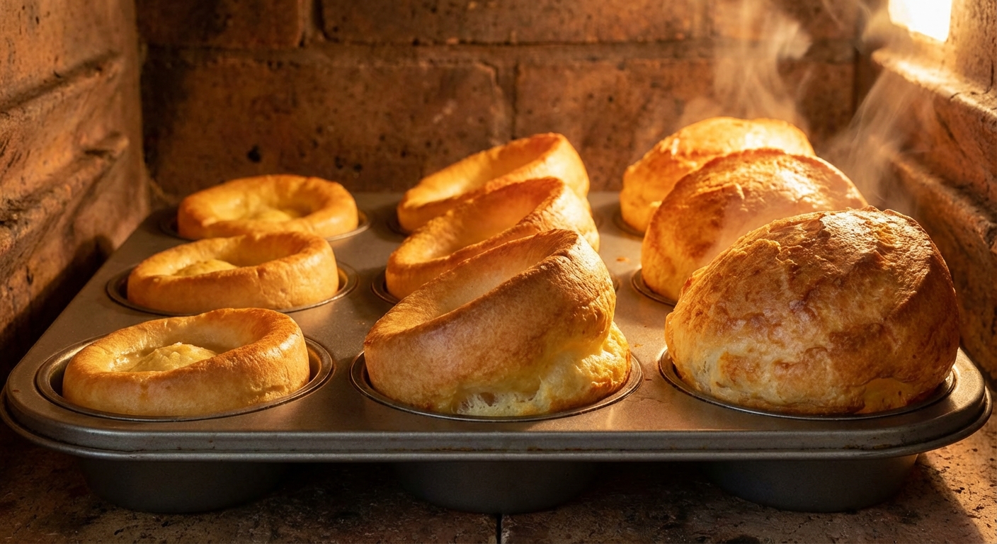 오븐에서 부풀어 오르는 요크셔 푸딩 과정