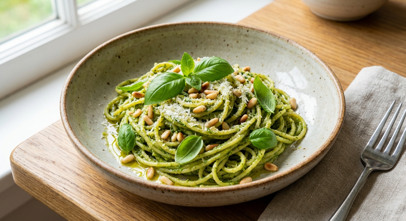 바질 페스토 파스타 접시