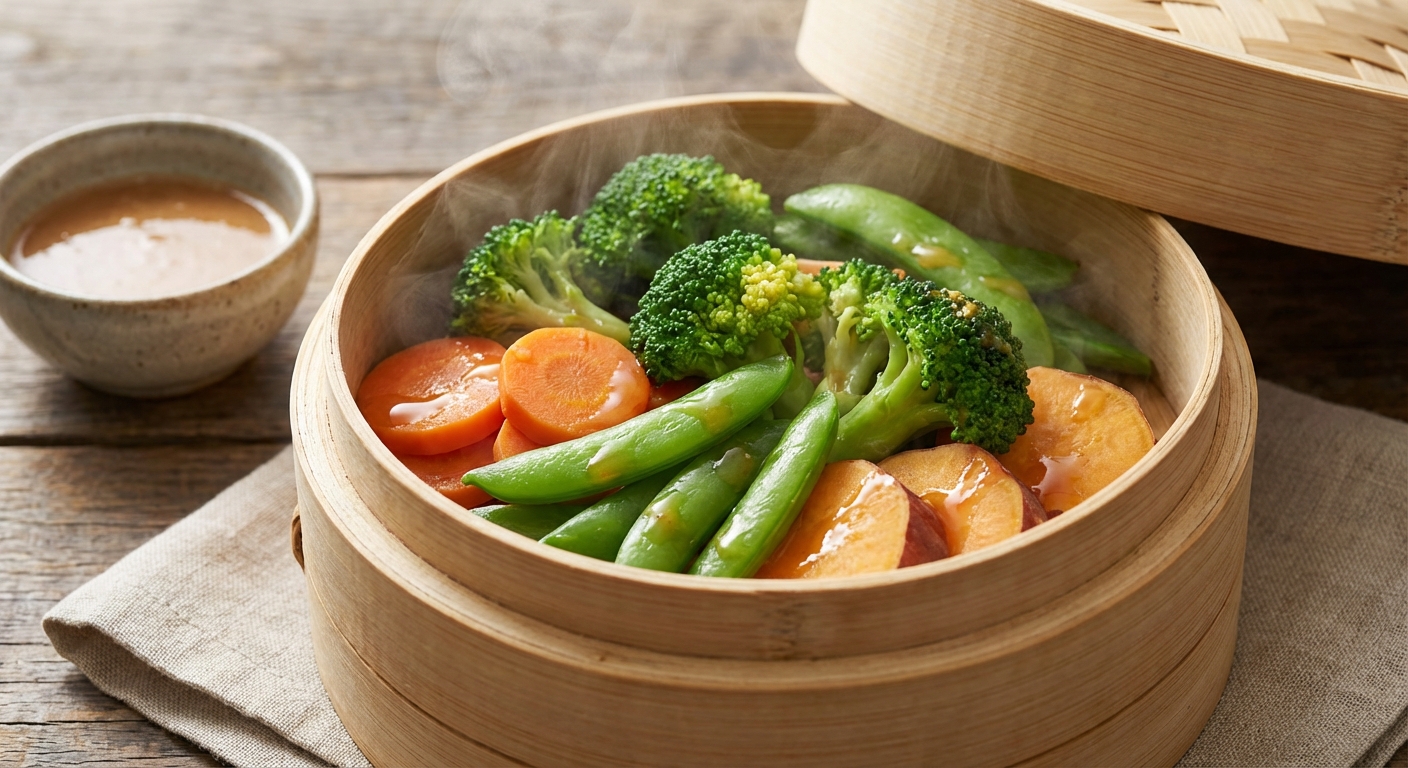 찜기에서 야채가 익고 있는 모습