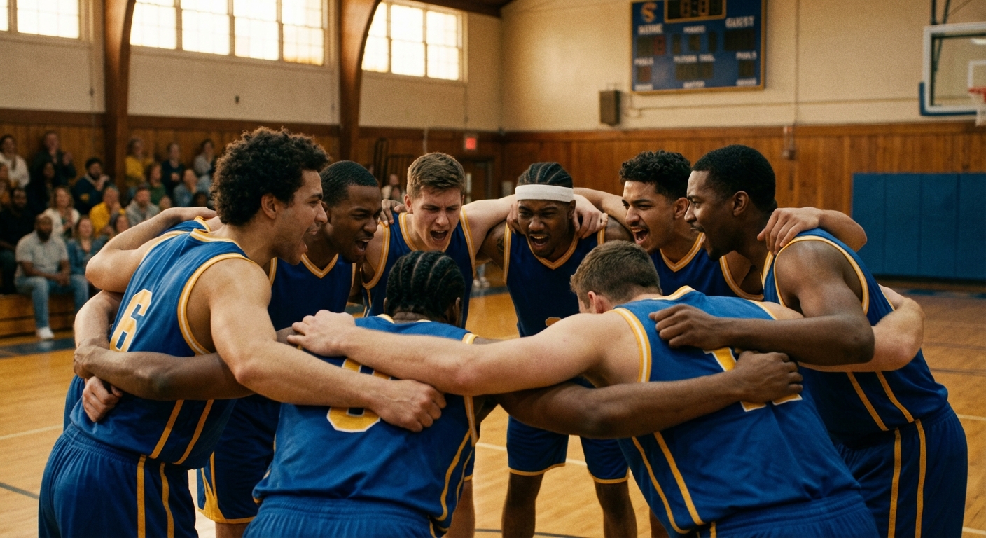 작전타임 중 선수들이 원을 그리며 팀 구호를 외치는 모습