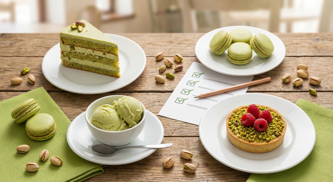 다양한 피스타치오 디저트 체크리스트 또는 신제품 사진