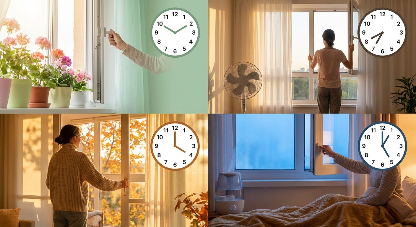 계절별 환기 시간대와 방법을 보여주는 인포그래픽