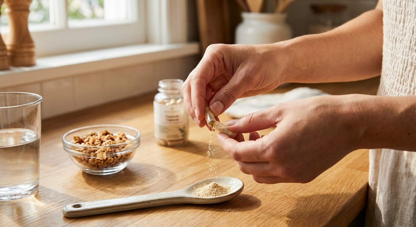 캡슐을 열어 내용물을 꺼내는 모습