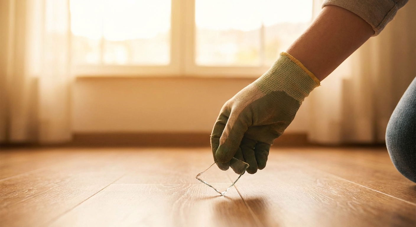 장갑 낀 손으로 유리 조각을 줍는 모습