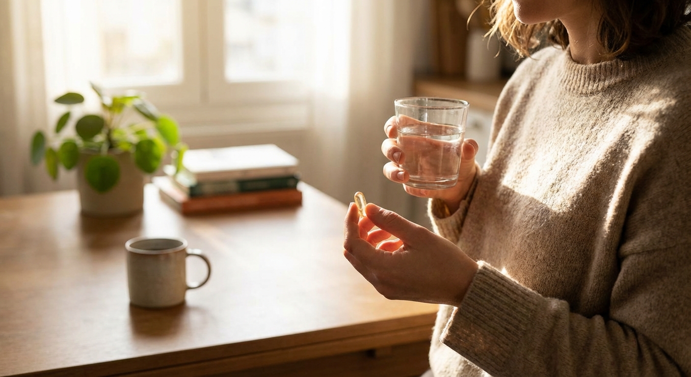 물과 함께 캡슐을 복용하는 모습