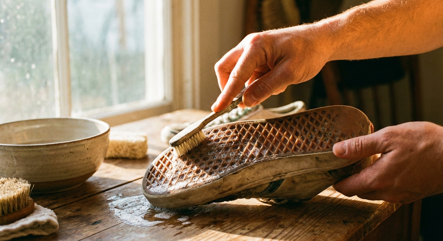 칫솔로 운동화 밑창을 닦는 손 클로즈업