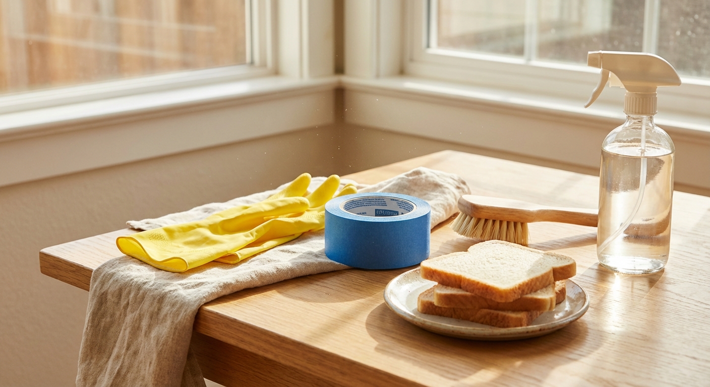 청소 도구들 - 장갑, 테이프, 식빵