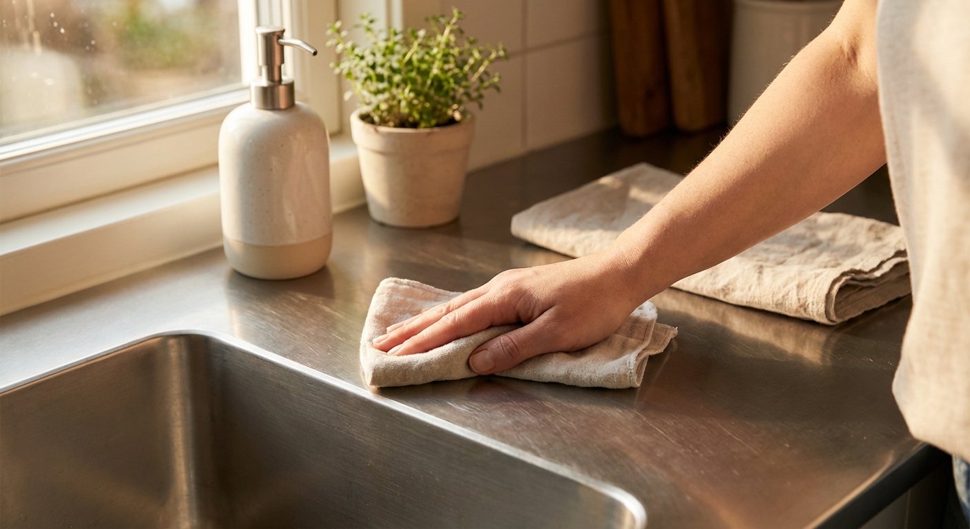 싱크대 스테인리스 표면에 손 비비는 모습