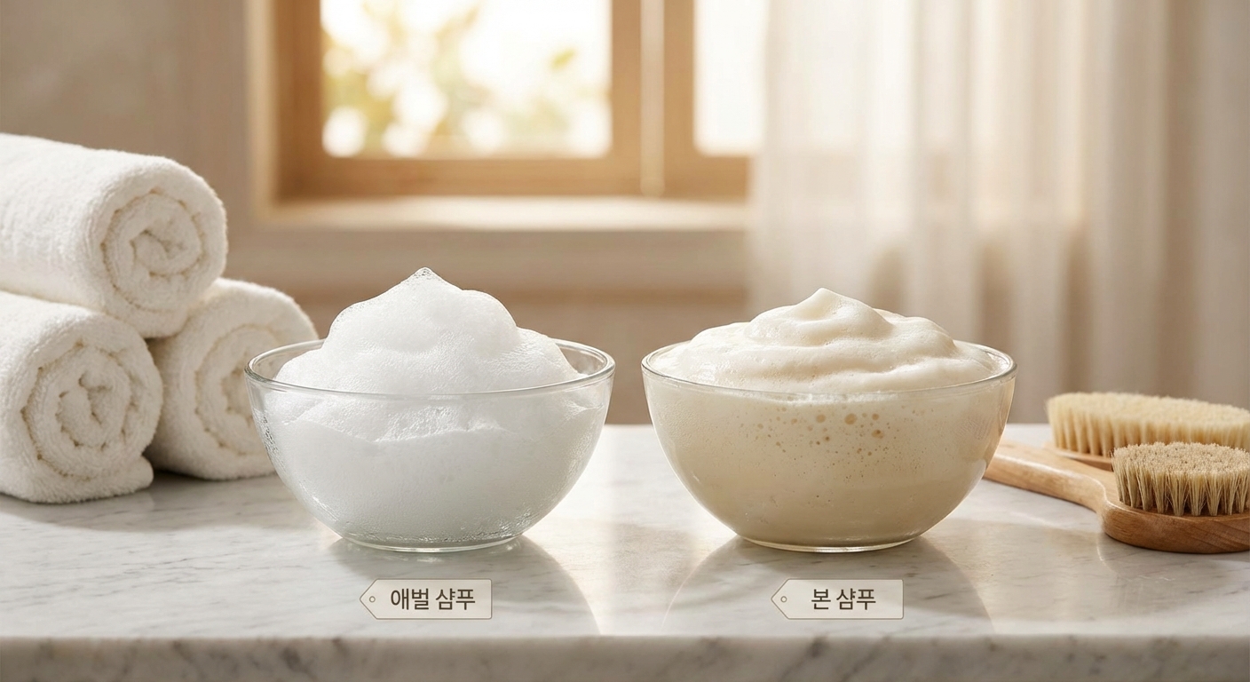 애벌 샴푸와 본 샴푸의 거품 차이 비교