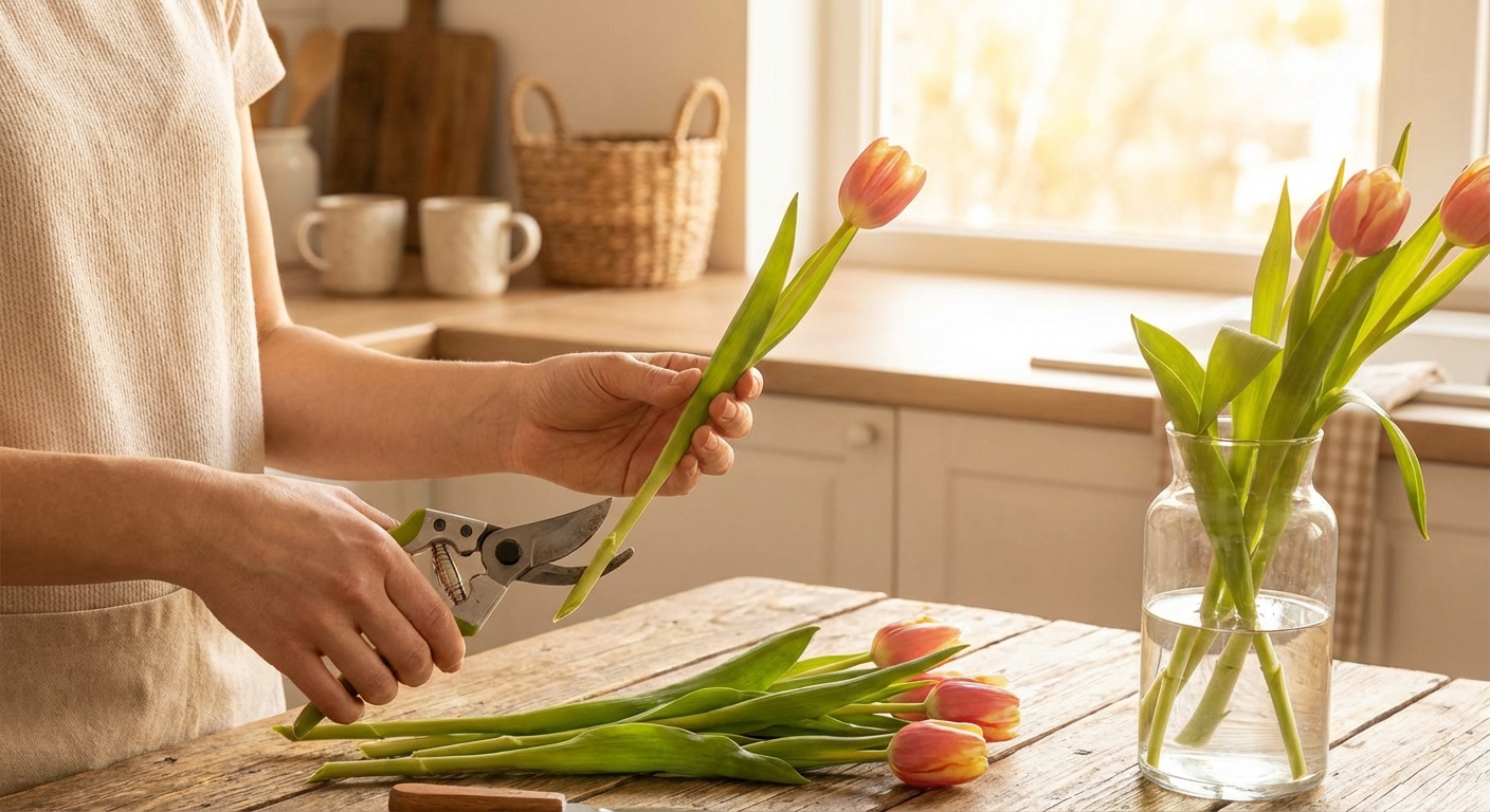 사선으로 자른 꽃 줄기