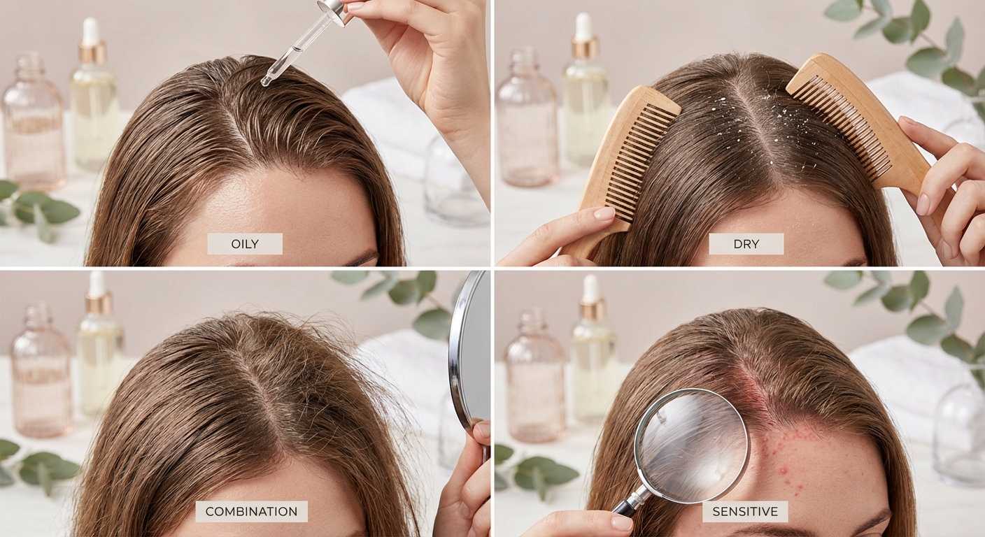 두피 타입별 비교 이미지 &ndash; 지성, 건성, 복합성, 민감성