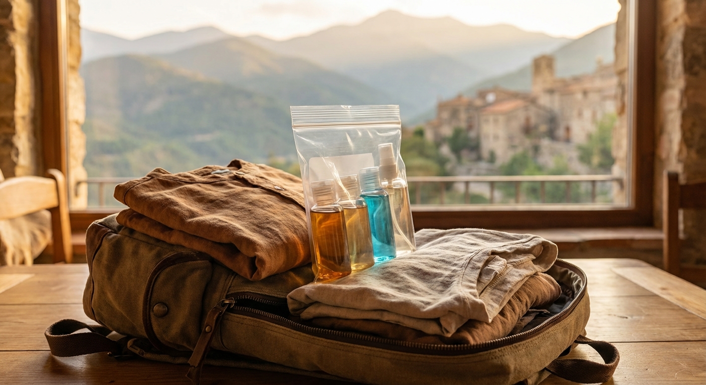 옷 사이에 세워진 지퍼백 속 액체류