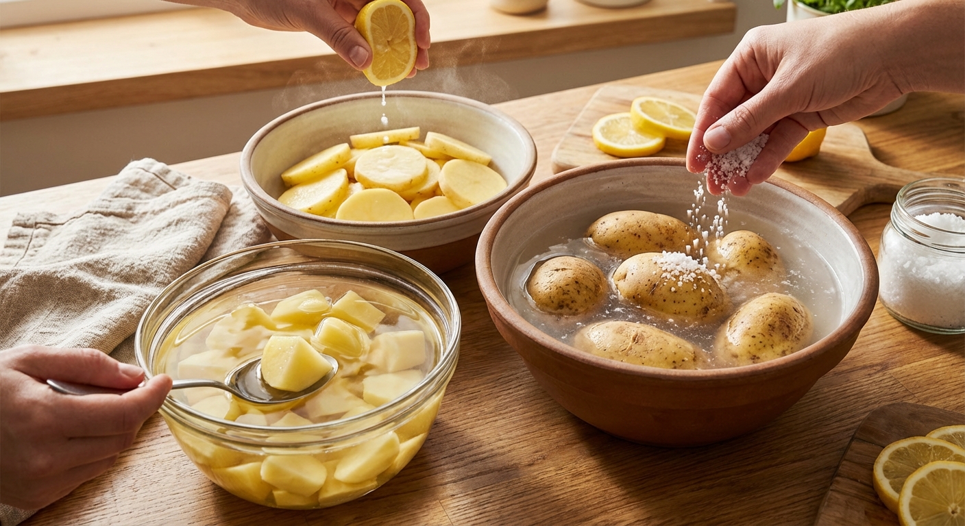 물에 담긴 감자, 소금물 담그는 모습, 레몬즙 뿌리는 장면 등