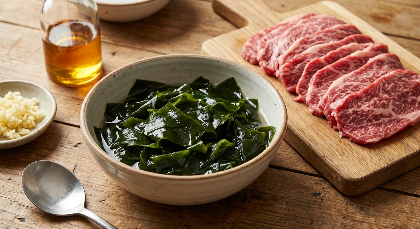 불린 미역과 손질한 소고기