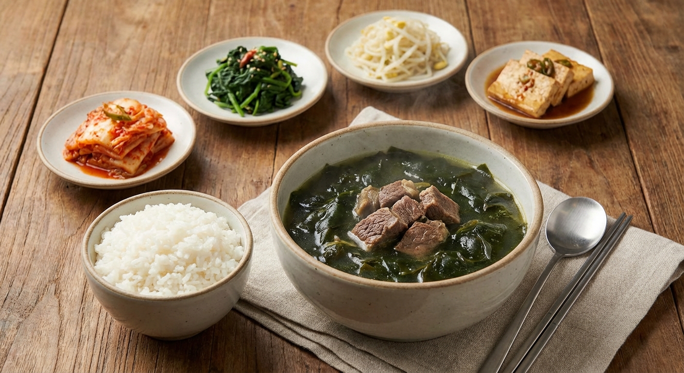 완성된 소고기 미역국과 밥, 반찬
