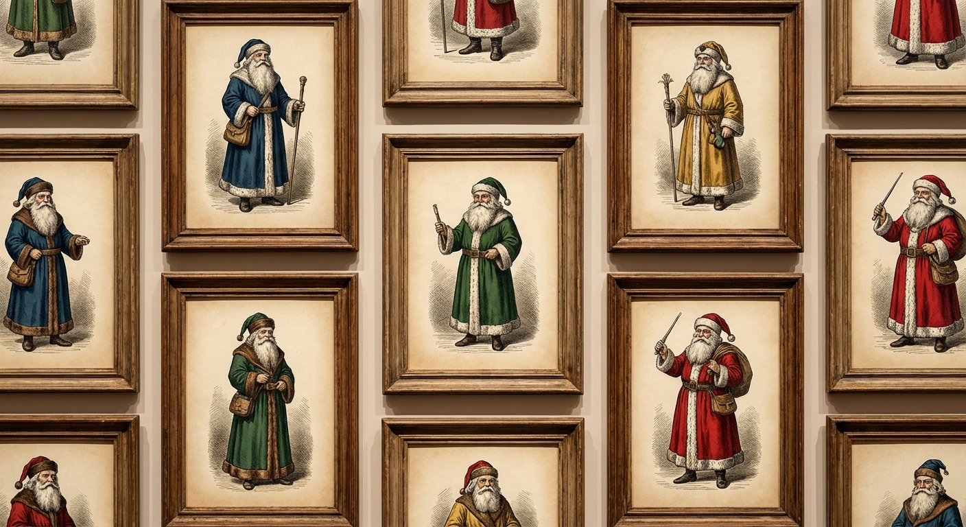 19세기 다양한 색의 옷을 입은 산타 삽화들