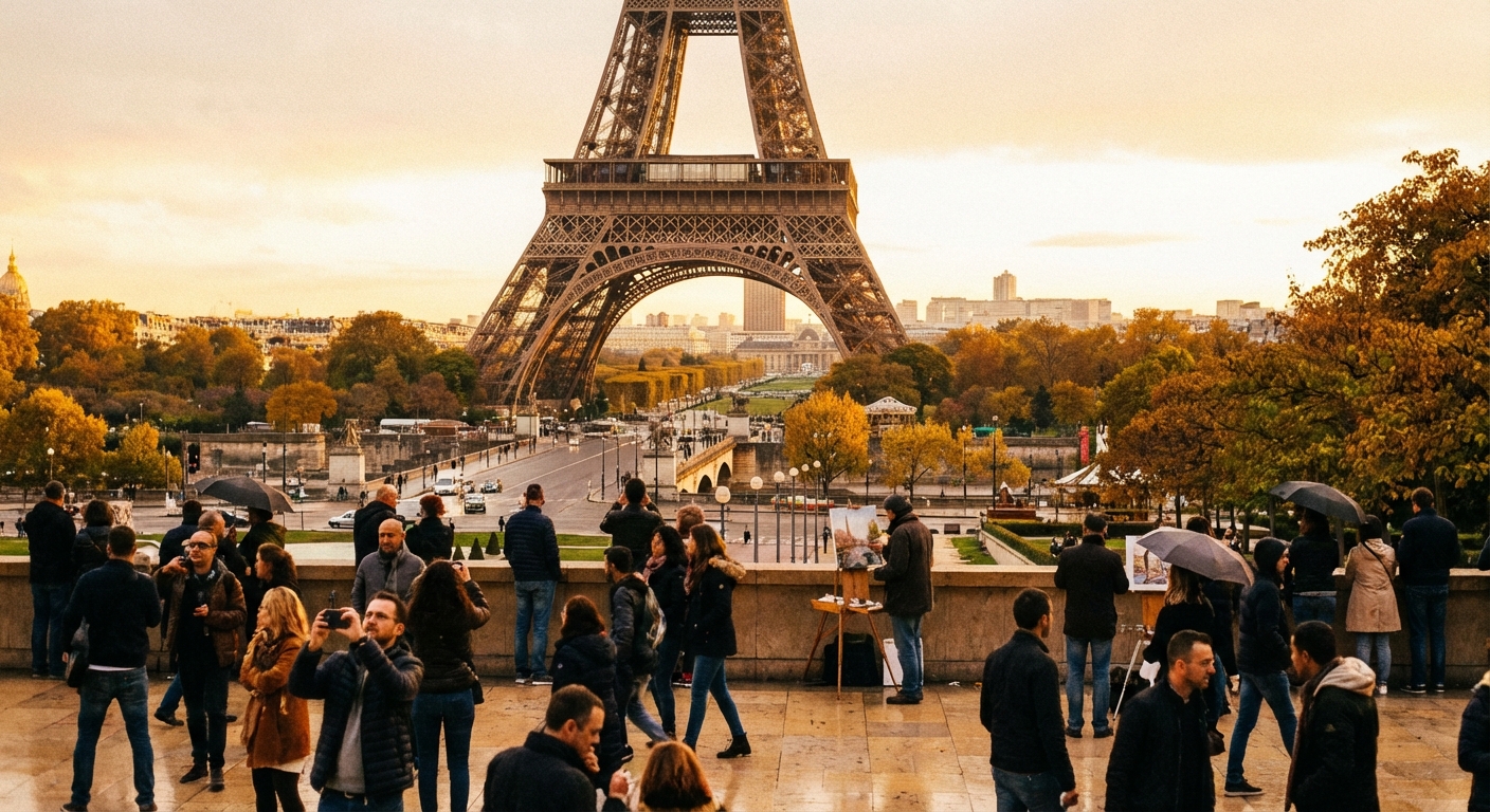 현재 에펠탑 전경과 관광객들