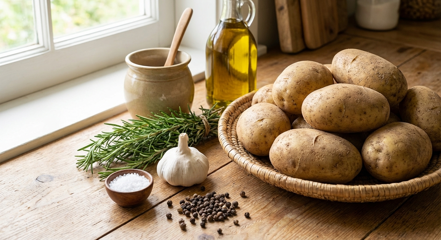 감자와 기본 재료들이 조리대에 정리된 모습