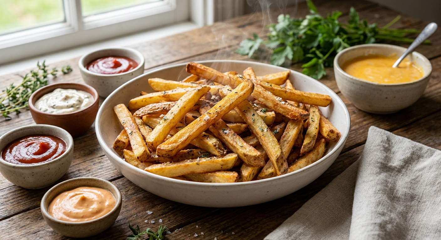 완성된 감자튀김과 다양한 디핑소스