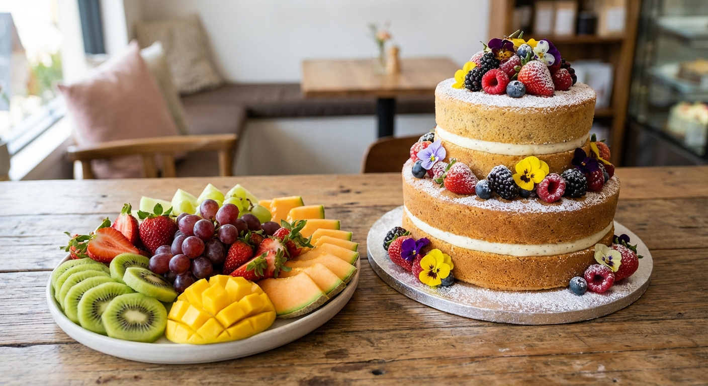 생일 케이크와 과일 플레이트