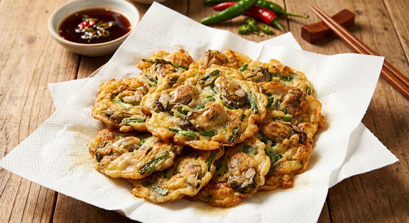 키친타월 위에 올려진 바삭한 굴전