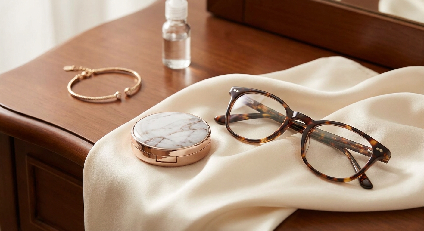 안경과 콘택트렌즈 케이스가 놓인 모습